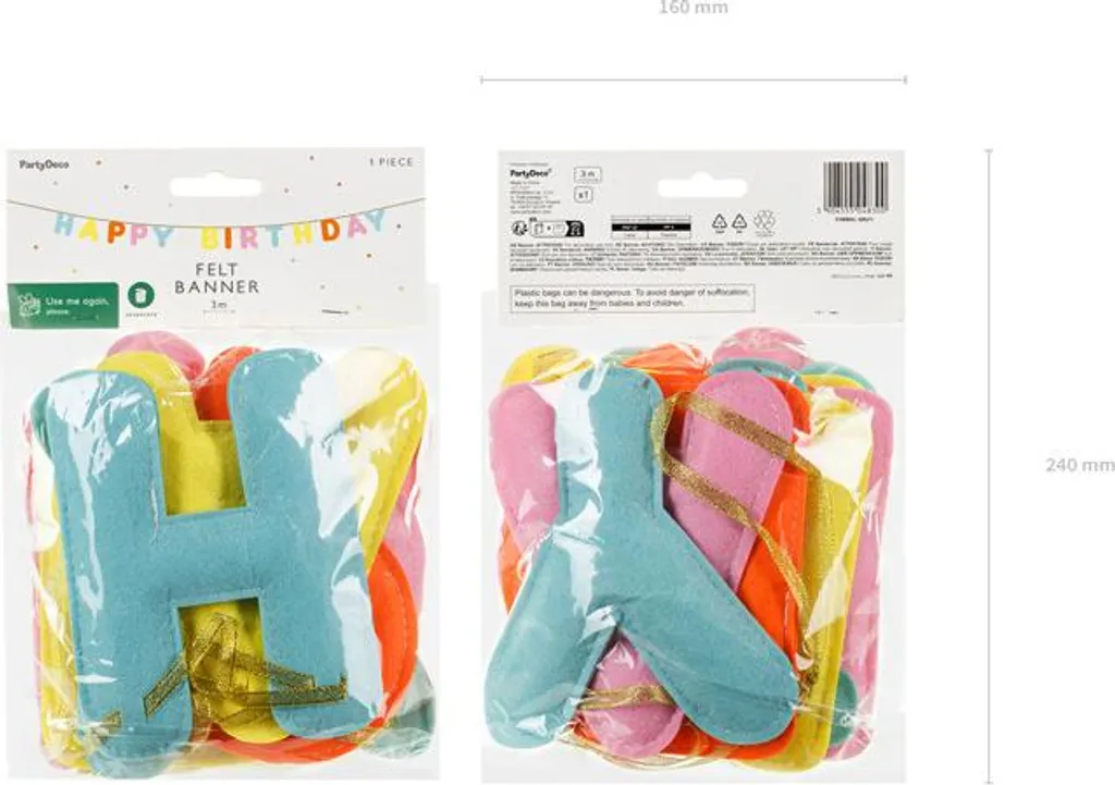 Bannière Happy Birthday réutilisable 3m en feutre pour déco durable