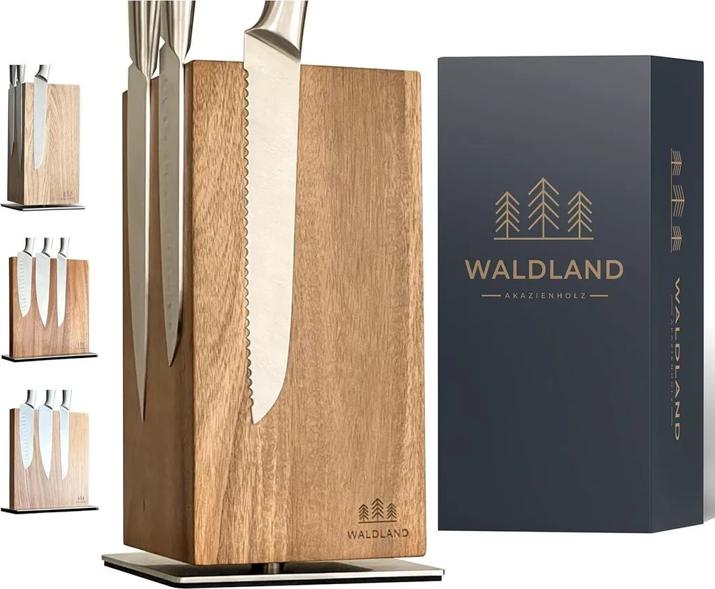 Ceppo magnetico per coltelli in legno di acacia - ruotabile a 360° - per 12 coltelli