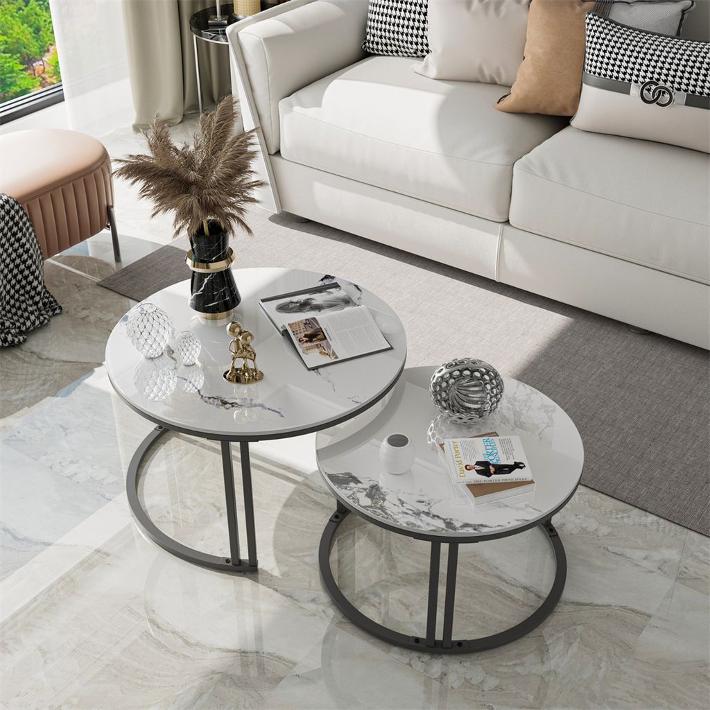 WISFOR 2er Set Couchtisch mit Aluminiumgestell, Satztisch Marmor Optik, Runder Kaffeetisch Wohnzimmertisch Sofatisch, Jadeweiß