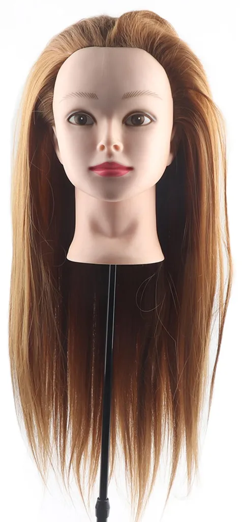 Tête de mannequin brune avec cheveux longs soyeux pour salon de beauté