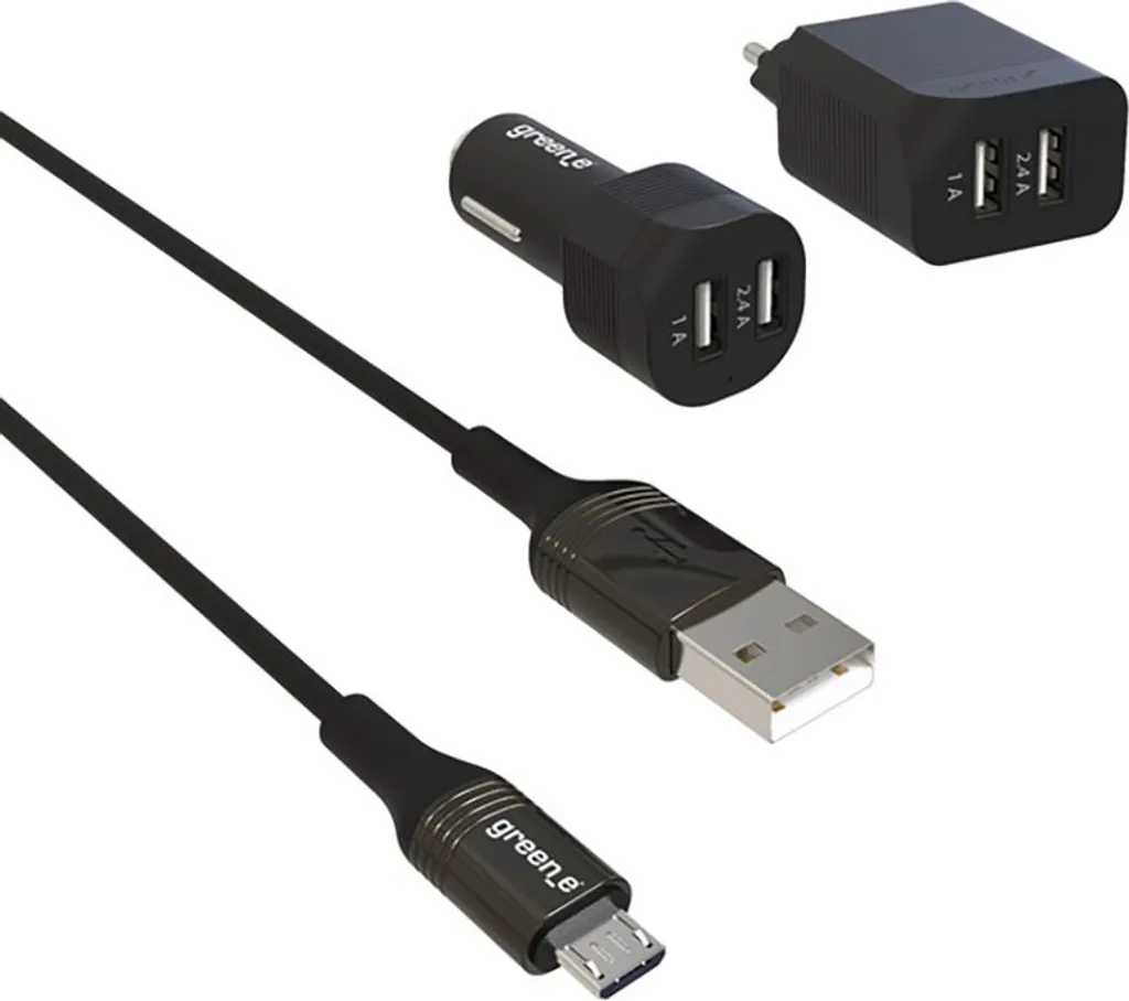 Kit Charge Rapide Greene Câble Micro USB 1,3m Noir Voiture et Secteur 2A