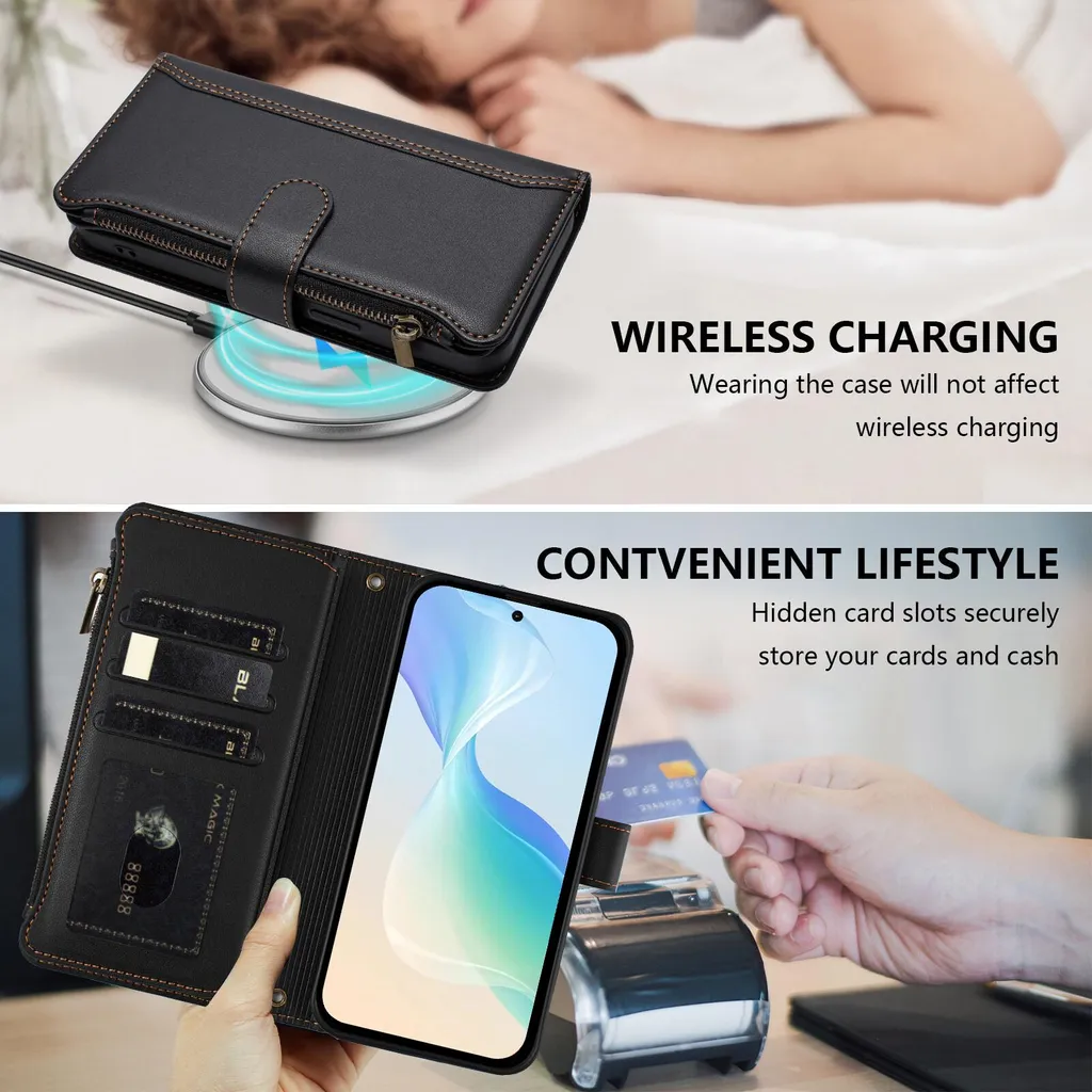 Custodia per Infinix Hot 20 4G, con cerniera, portafoglio in Finto cuoio con tasche per carte, supporto e passante per la mano nero - 6