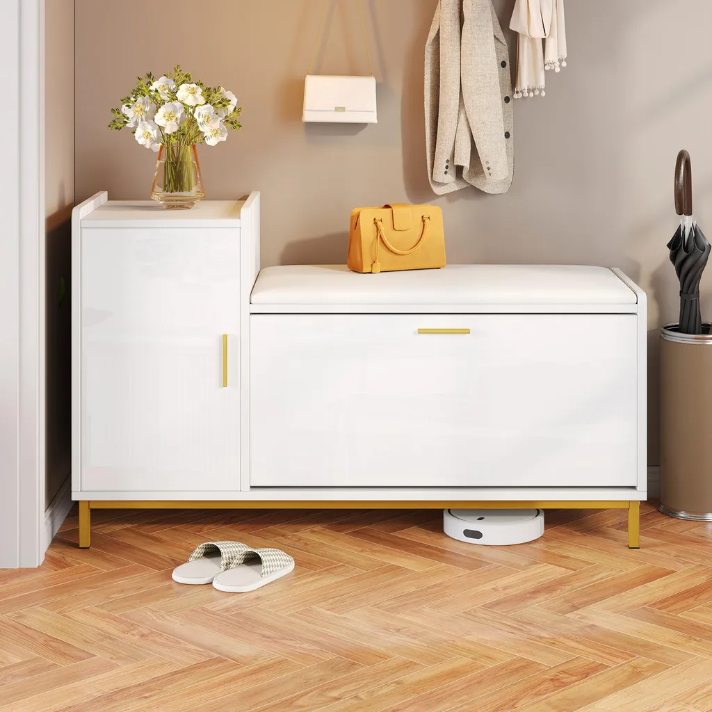 Banc de Rangement Chaussures avec Coussin Blanc pour Entrée Design 100cm