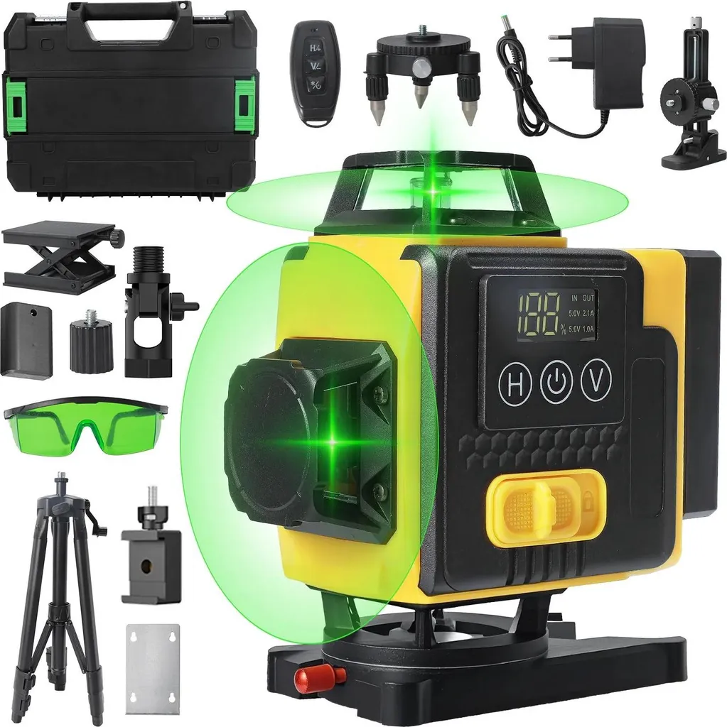 Niveau Laser Vert 4x360° Haute Précision ±0,3mm/m avec Mallette de Transport