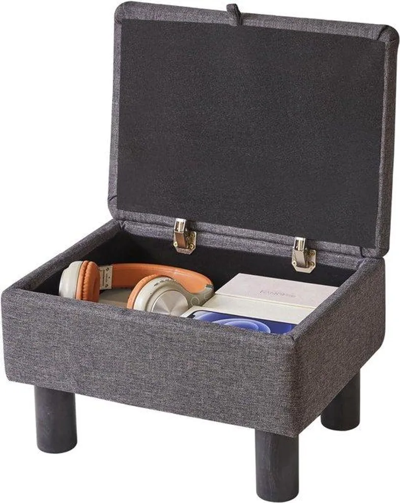 Pouf coffre de rangement en cuir gris foncé, tabouret bas polyvalent