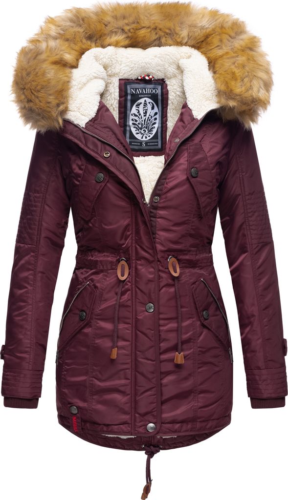 Navahoo La Viva Eleganter Damen Winter Parka mit Kapuze und Kunstpelzbesatz Wintermantel Vegan Wine Gr. 36 - S