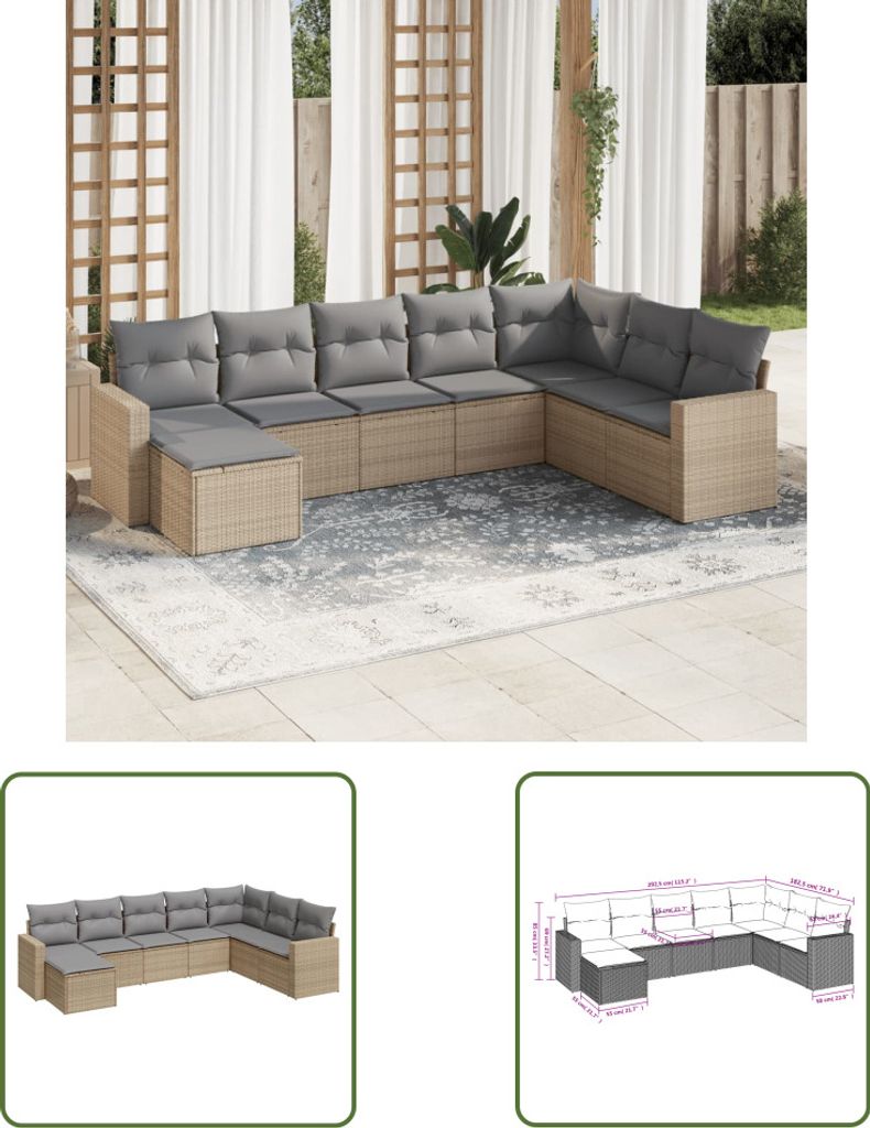 The Living Store 8-tlg. Garten-Sofagarnitur mit Kissen Beige Poly Rattan