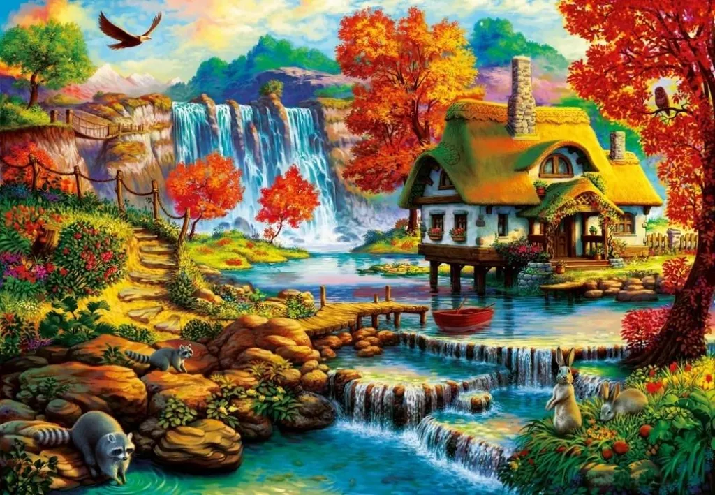 Puzzle 1000 pièces anti-stress Oiseau Bleu et Maison avec Cascade d'eau