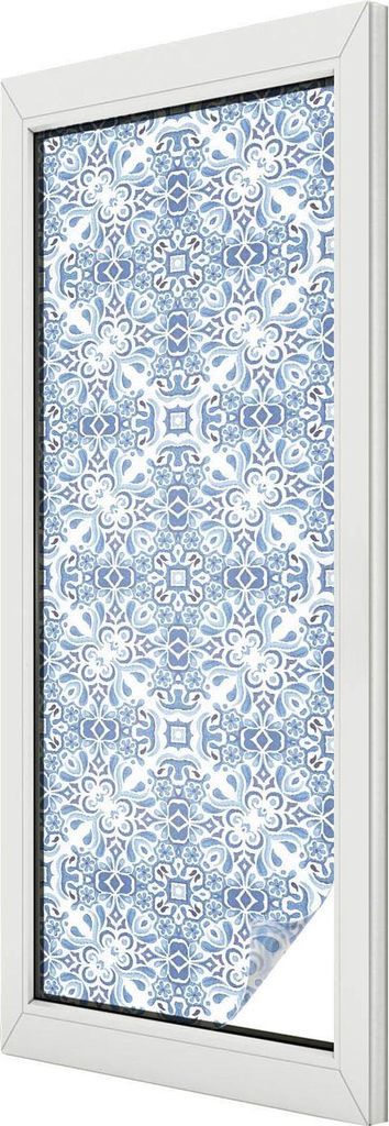 Buntglas Fensterfolie – 146x50 cm – Stained-Glass Design – blickdichte dekorative Sichtschutzfolie – selbstklebend, UV-Schutz – Blaue Fli...