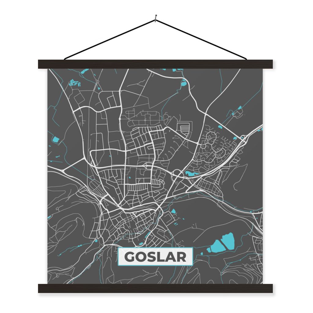 MuchoWow Textilposter Stadtplan - Deutschland - Blau - Goslar - Karte 60x60 cm mit schwarzem Rahmen - Posteraufhänger