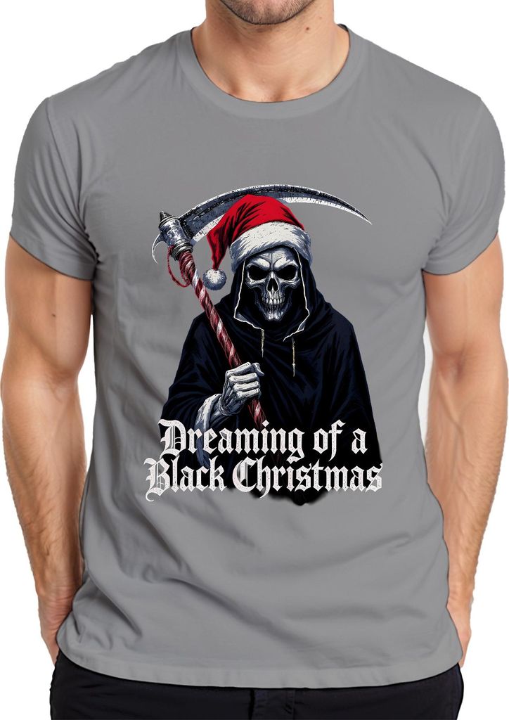 Dreaming of a Black Christmas Sensenmann Totenkopf Gothic Santa Herren T-Shirt, Grau, L