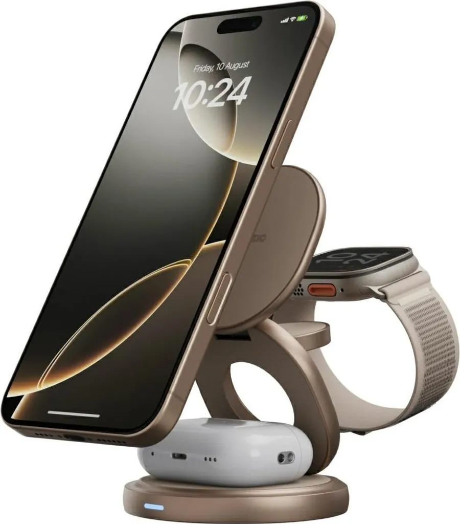 Station de charge induction 3 en 1 pliable avec base rotative 15W Or