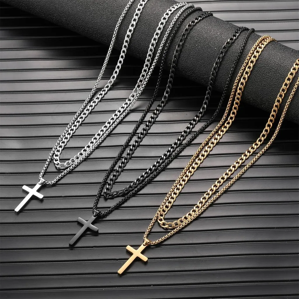 Collana Croce Acciaio Inox Uomo Minimal | Ciondolo Argento Oro Nero 18/20 - 6