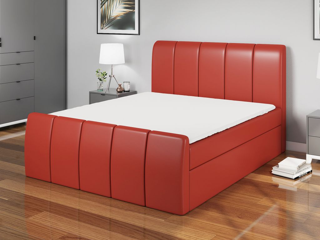 Boxspringbett TEO 160x200 mit 2 Bettkästen, Bonell-Matratze und Topper. Farbe: Rot