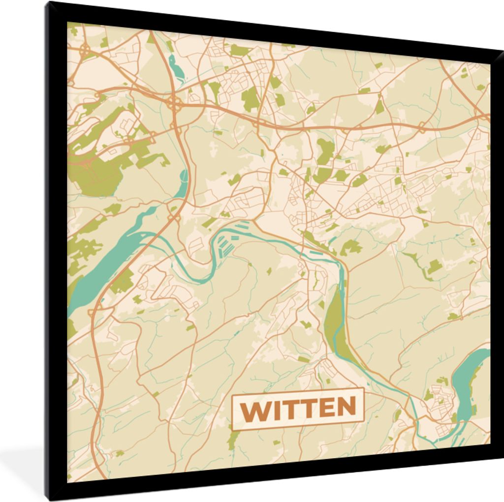MuchoWow Gerahmtes Poster Karte - Jahrgang - Witten - Karte 40x40 cm - Poster mit Schwarzem Bilderrahmen Wandposter Rahmen Foto Bilder - Mit Rahm...