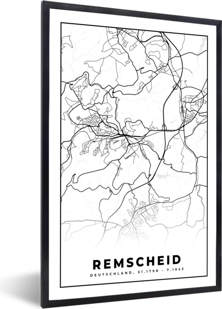 MuchoWow Gerahmtes Poster Stadtplan - Remscheid - Karte 40x60 cm - Poster mit Schwarzem Bilderrahmen Wandposter Rahmen Foto Bilder - Papierdruck ...
