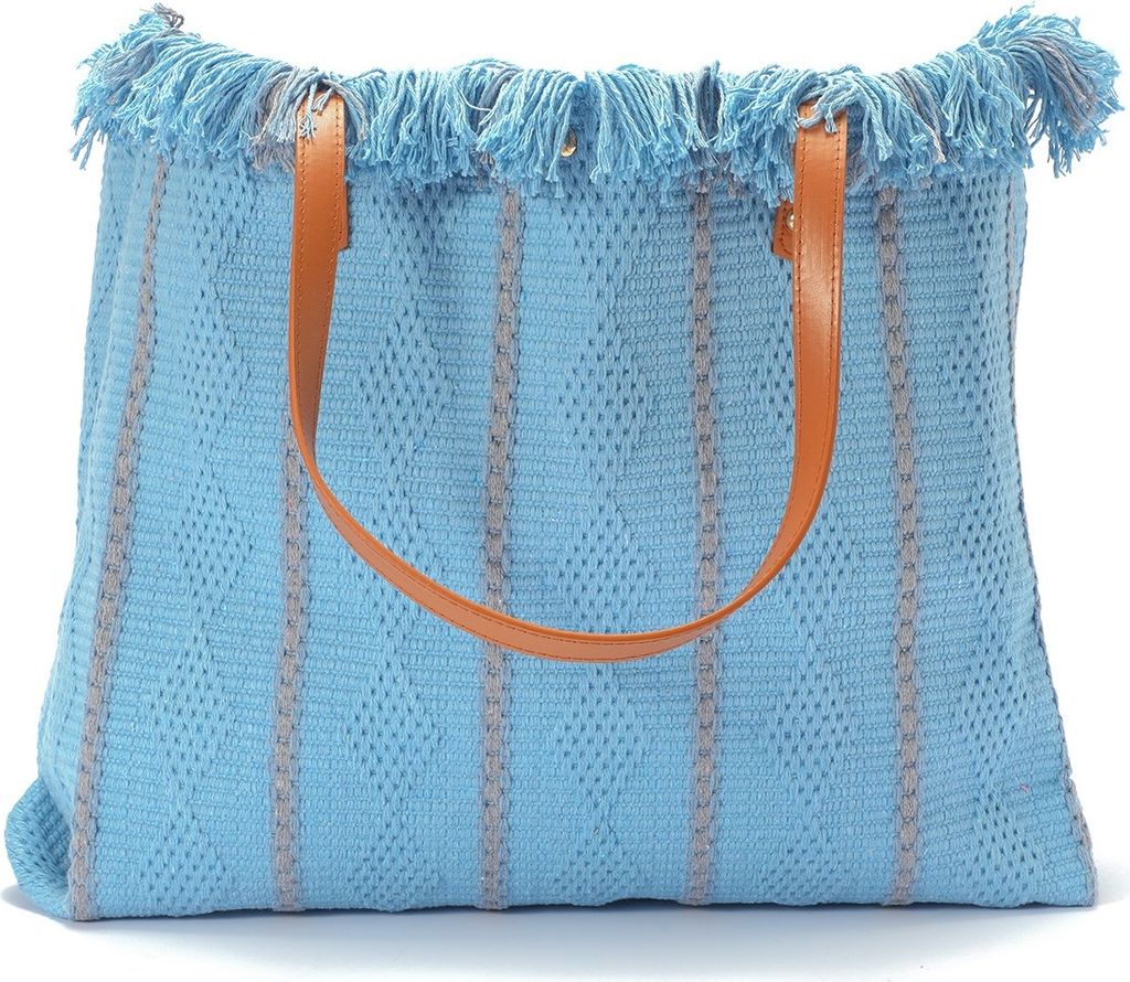 Große Canvas Strandtasche mit Fransen - Blau / Grau