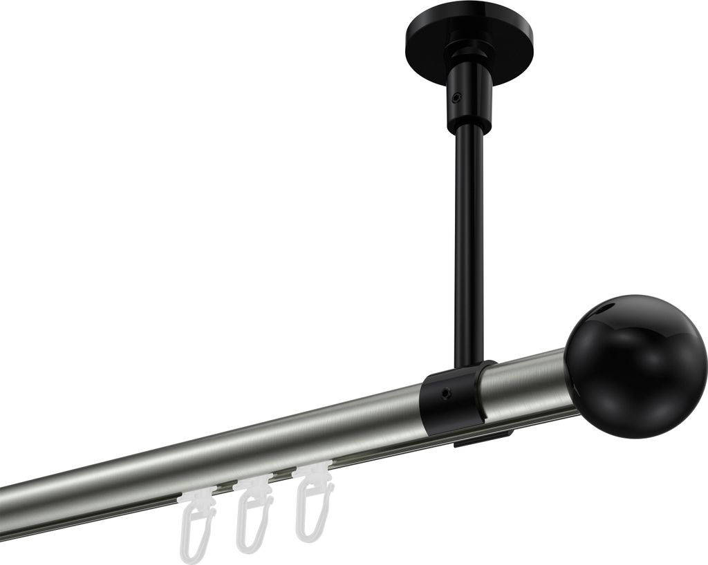 Interdeco Innenlaufstange / Gardinenstange mit Innenlauf Edelstahl-Optik / Schwarz, Typ Sonette Luino (Kugel) Deckenmontage, 20 mm Ø 1-läufig, 24...