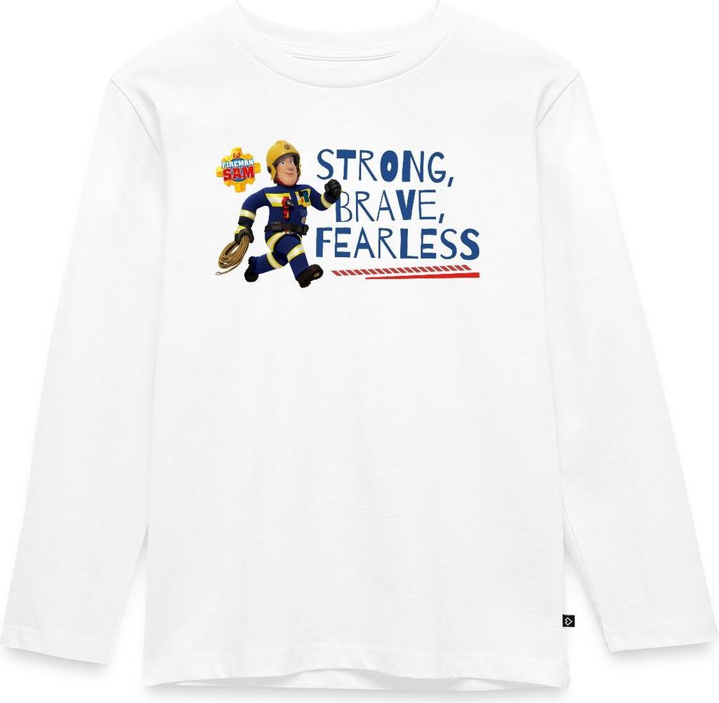 Spreadshirt Feuerwehrmann Sam Strong, Brave, Fearless Kinder Premium Langarmshirt, 98/104 (2 Jahre), Weiß