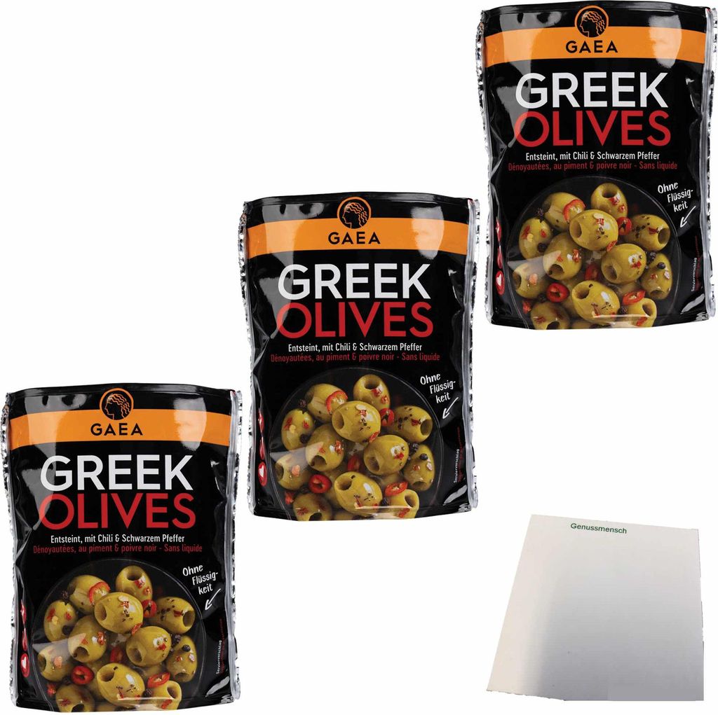 Gaea Greek grüne Oliven Chili ohne Stein 3er pack (3x150g Packung) + usy Block