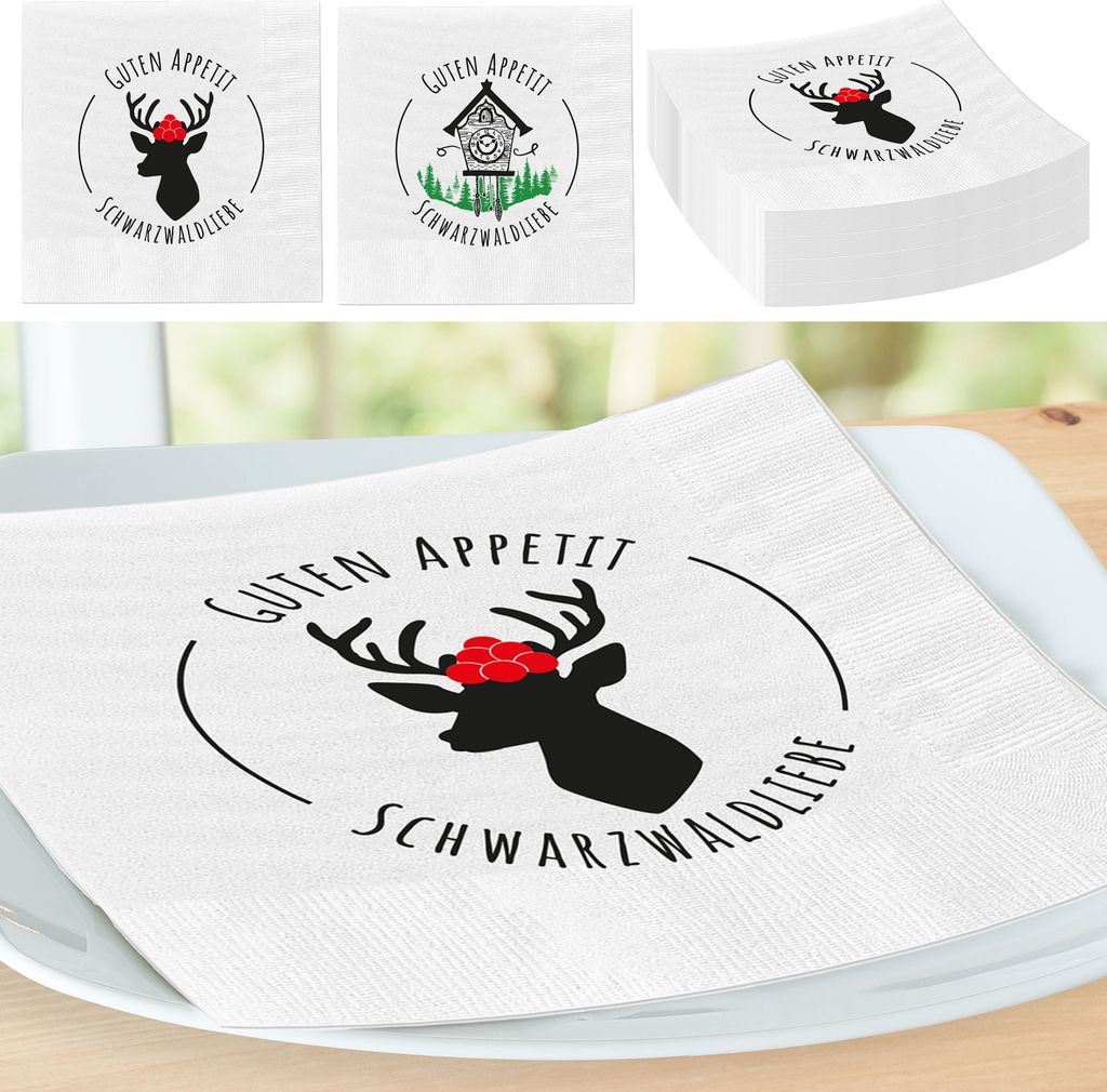 Servietten Schwarzwaldliebe Hirsch und Kuckucksuhr 80er Set 33x33cm Papierserviette stoffähnlich Tuch Partyzubehör