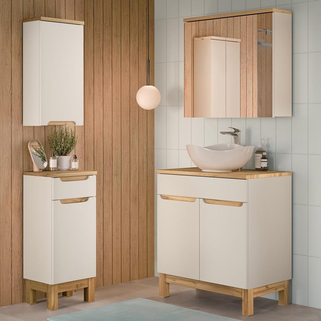 Badmöbel-Set 4-teilig mit 80 cm Waschtisch & Spiegelschrank in kaschmir und Eiche, modern grifflos - SOLNA-56-CASHMERE