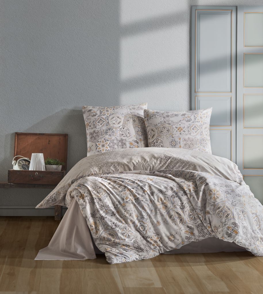 Bettwäsche-Set 135x200 cm, 2-teilig, Baumwolle Renforcé, Beige/Grau - Bettbezug & Kissenbezug (80x80 cm), Geometrisches Design in Grau, Beige, Bl...