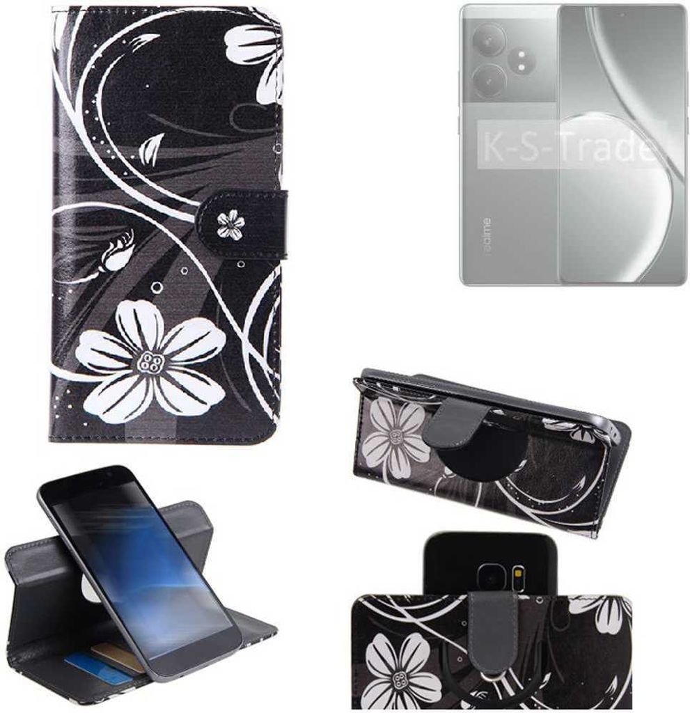 K-S-Trade Schutzhülle Handyhülle kompatibel mit Realme GT 6T Hülle 360° Wallet Case “Flowers“ Klapphülle Hülle schwarz-weiß 1x