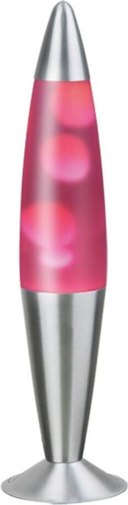 A lava lamp with pink liquid and silver base and top.
