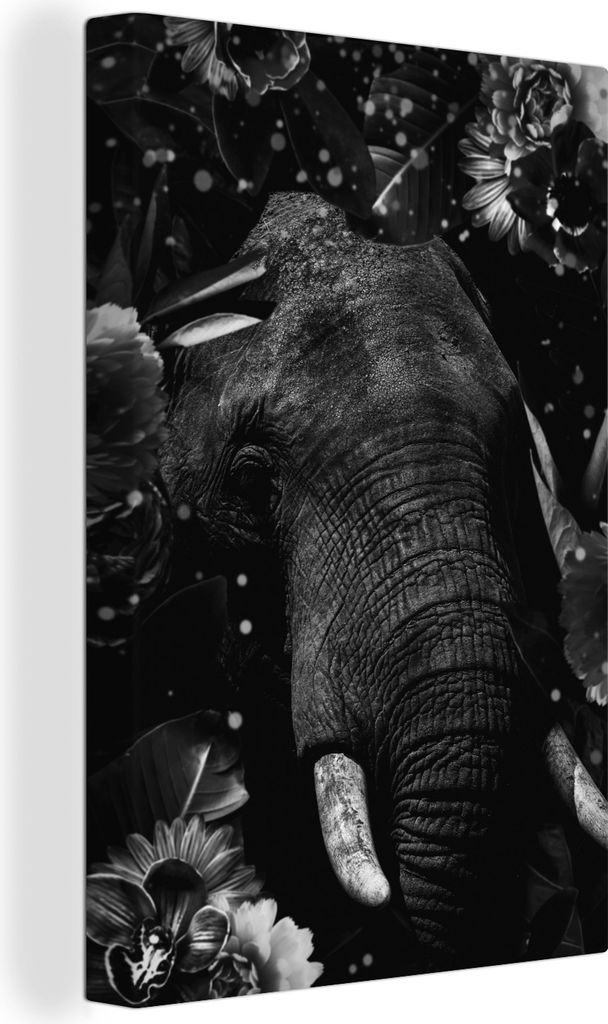 OneMillionCanvasses - Leinwandbilder - 90x140 cm, Botanischer Elefant mit hellen Kugeln auf abgedunkeltem Hintergrund - schwarz und weiß, Wandbi...