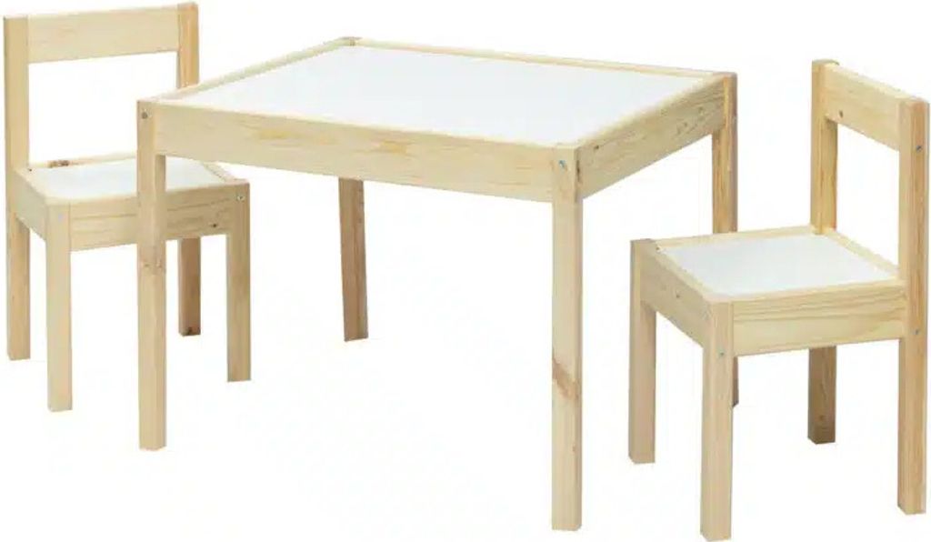 A wooden table and two chairs for children, set against a white background.