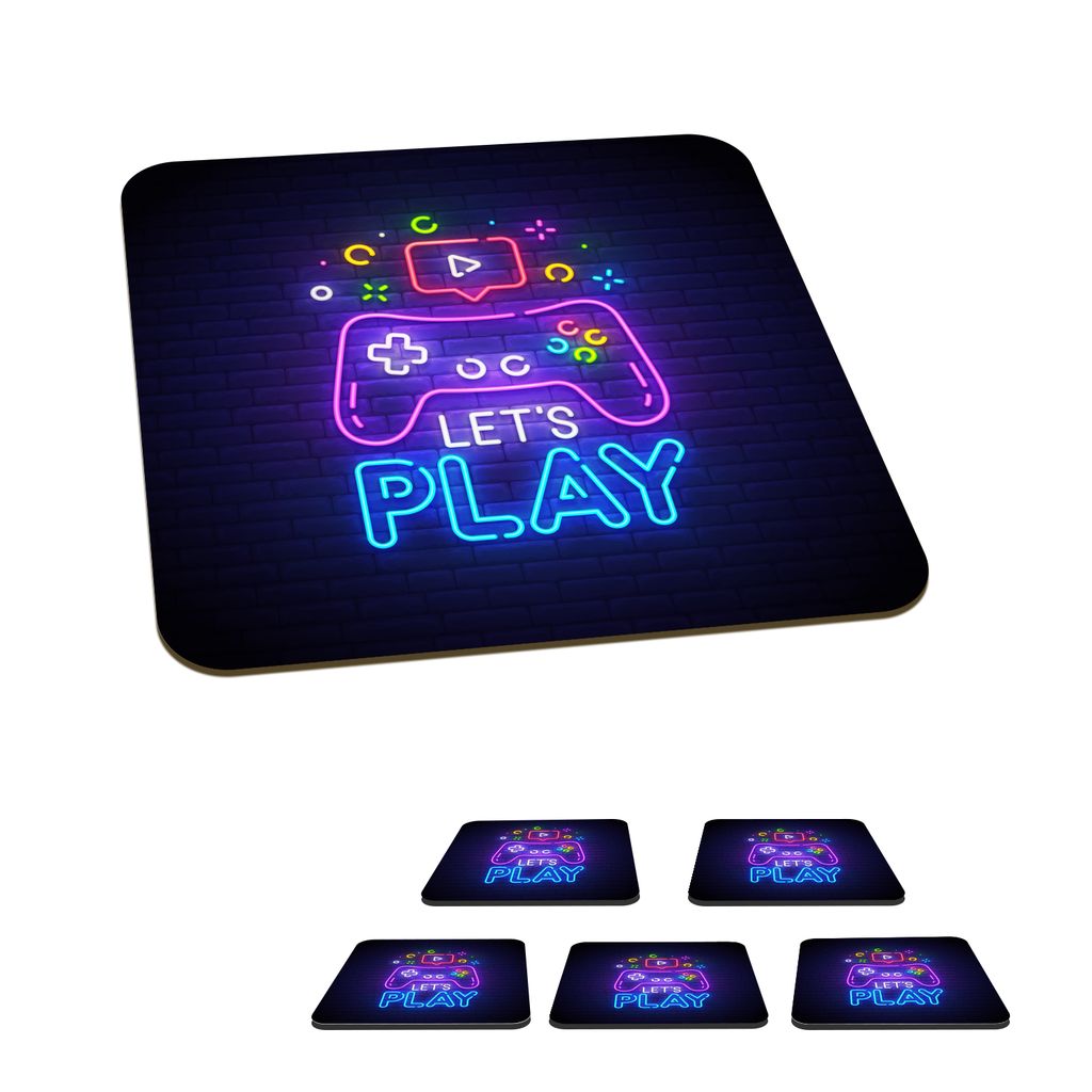 KitchenYeah Glasuntersetzer Quadratisch 6er Set Spiele - Neon - Let's Play - Controller - Zitate 10x10 cm Untersetzer für Gläser - Getränkeun...