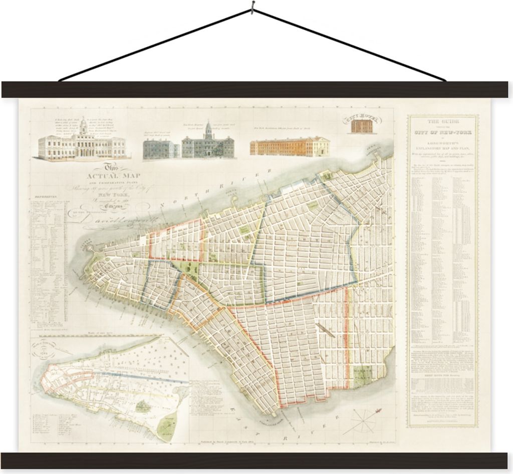 MuchoWow Textilposter Karte - New York - Jahrgang 150x113 cm mit schwarzem Rahmen - Wohnzimmer