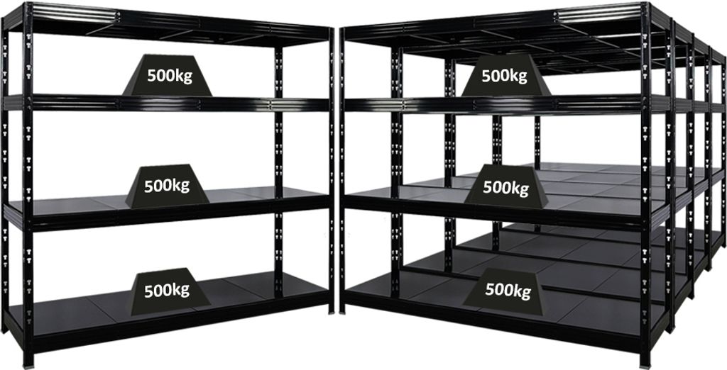 Mega Deal | 5x Profi Schwerlastregal Rhino | HxBxT 180x200x60cm | 4 Stahlplatten-Ebenen | Fachlast 500kg | Schwarz