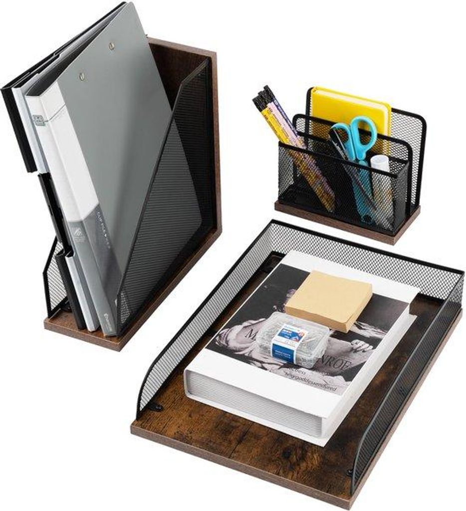 3-teiliges Holz- und Gitter-Büroset, Briefkasten, Halter, Sortierer, Bürodekoration