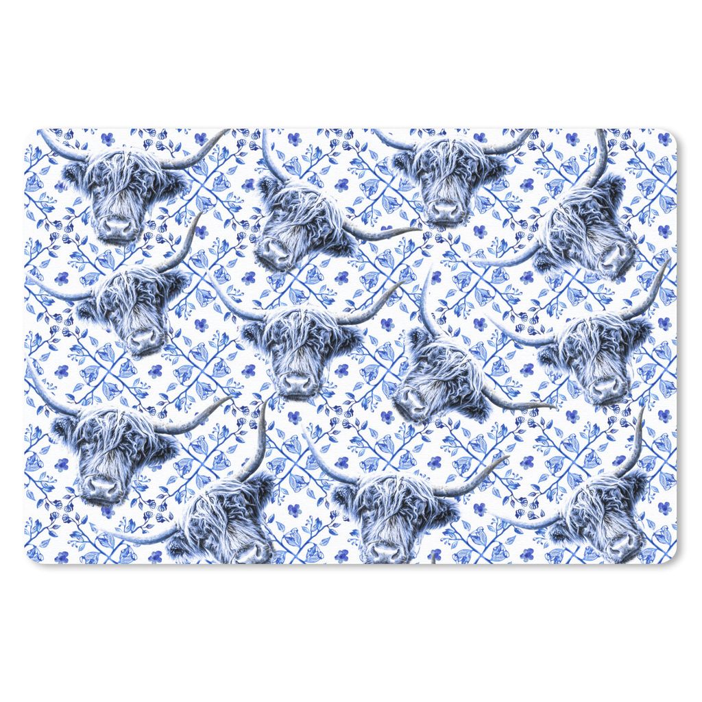 MuchoWow Schreibtischunterlage Schottischer Highlander - Delfter Blau - Muster 60x40 cm - XXL Mauspad - Großes Mauspad