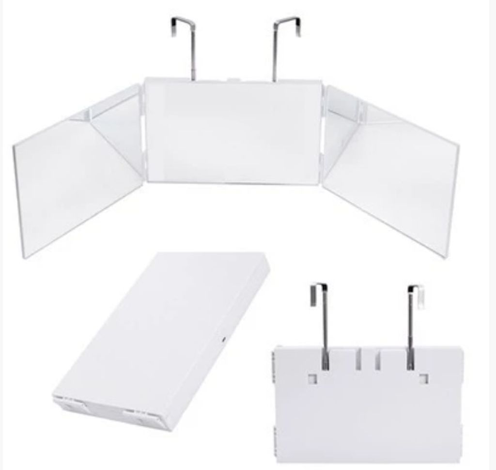 Multiple views of a white, foldable cosmetic mirror with clear side panels and metal hooks for hanging.
