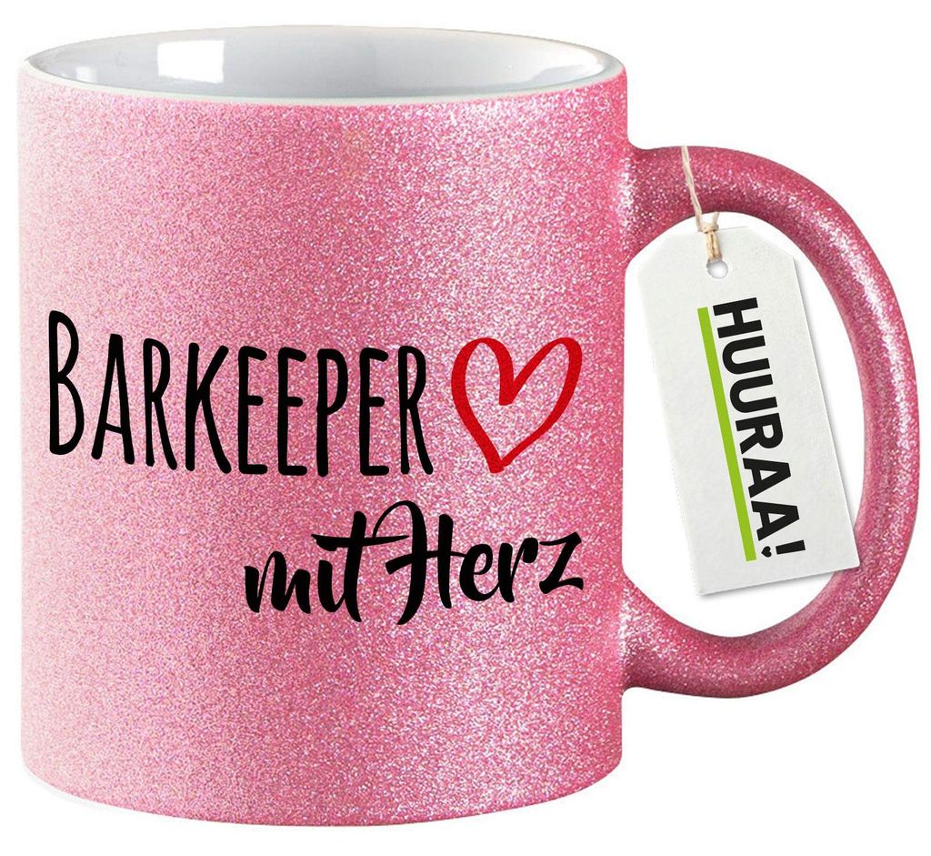 Huuraa Glitzertasse Barkeeper mit Herz 330ml Pink Keramik Kaffeebecher Geschenkidee