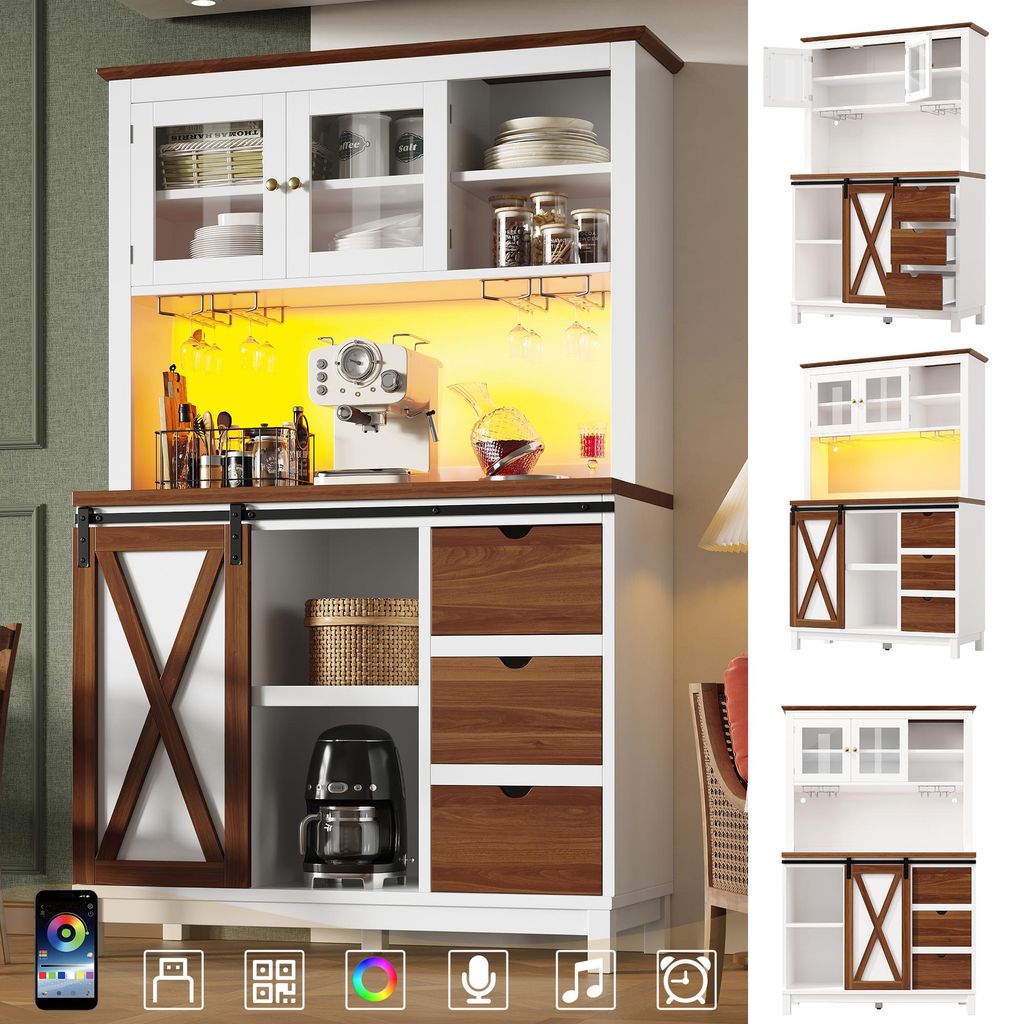 Weißer Küchenschrank 92cm Arbeitsplatte Hochschrank Sideboard Buffetschrank mit Schiebetür Scheunentor-Stil 3 Schubladen App-LED-Beleuchtung Gla...