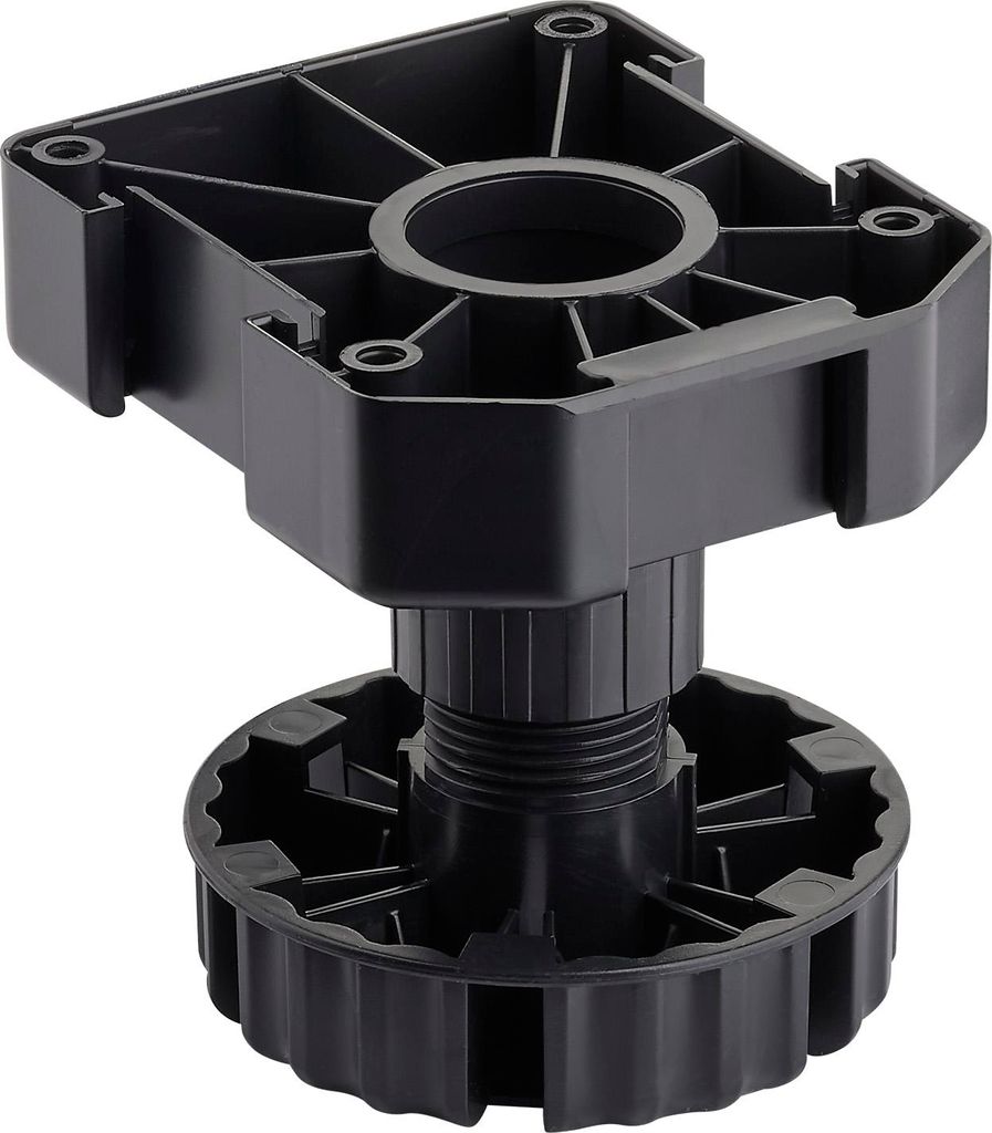 A black adjustable furniture leg base on a white background.