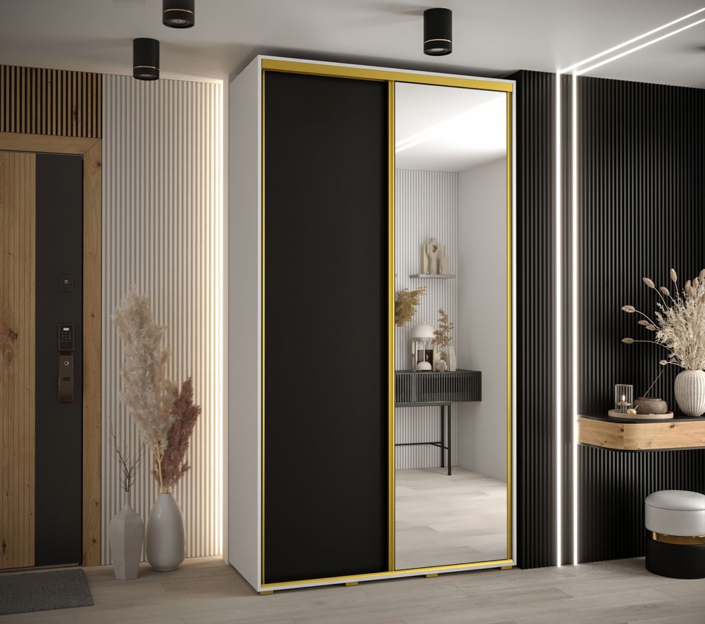 Kleiderschrank YVONA 3 – 140/45 cm, weiß/schwarz/gold