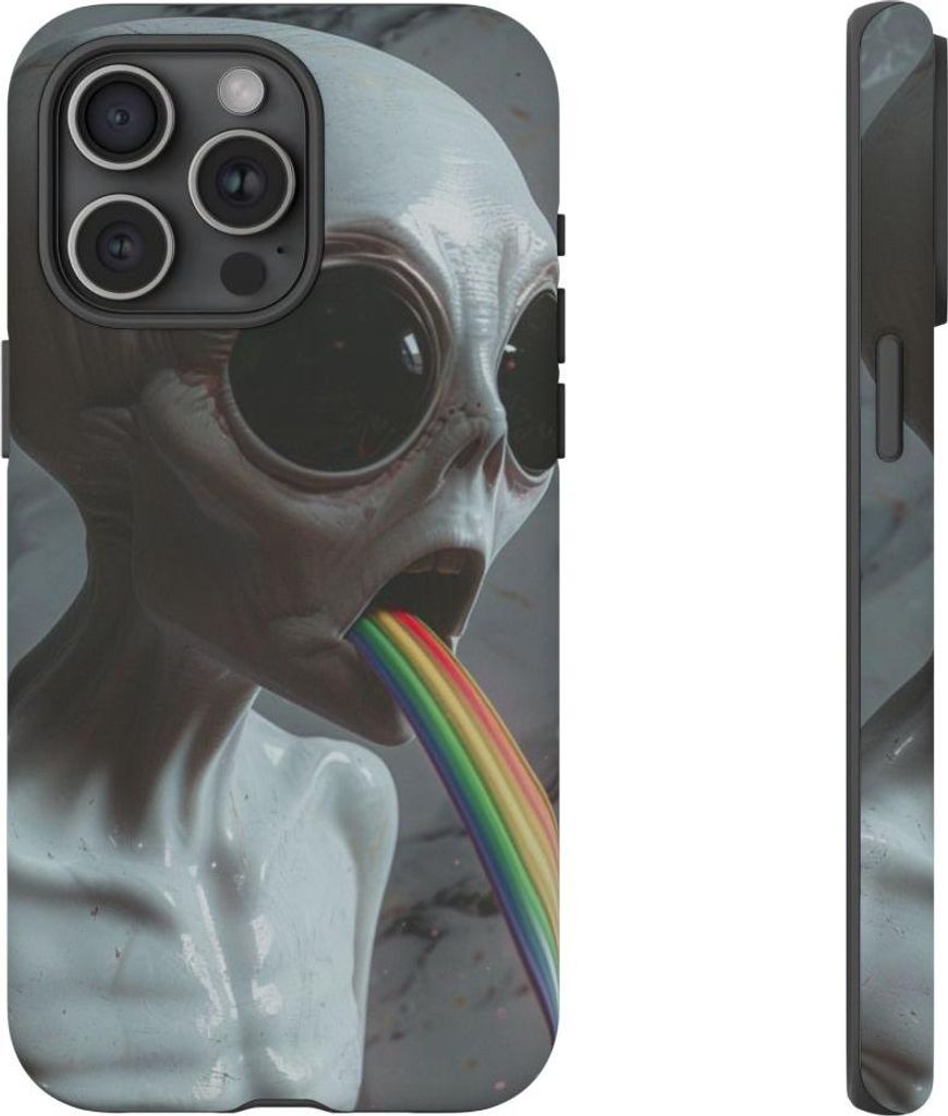 Graues Alien mit Regenbogenstrahl – Handyhülle Kompatibel mit iPhone 15 Pro Max