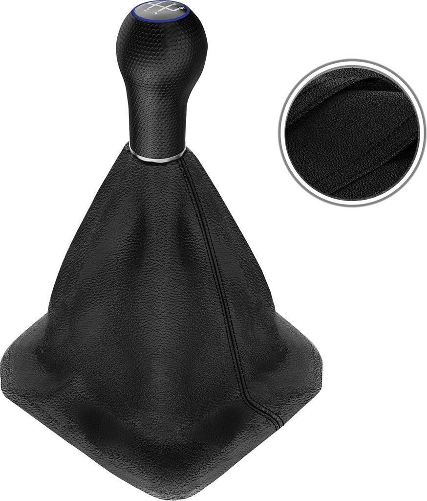 Schaltsack Schaltknauf Echtleder Naht schwarz für VW Golf 2 3 4 Cabrio Polo 6n Passat 35i 12mm 5 Gang Kappe mit blauen Ring