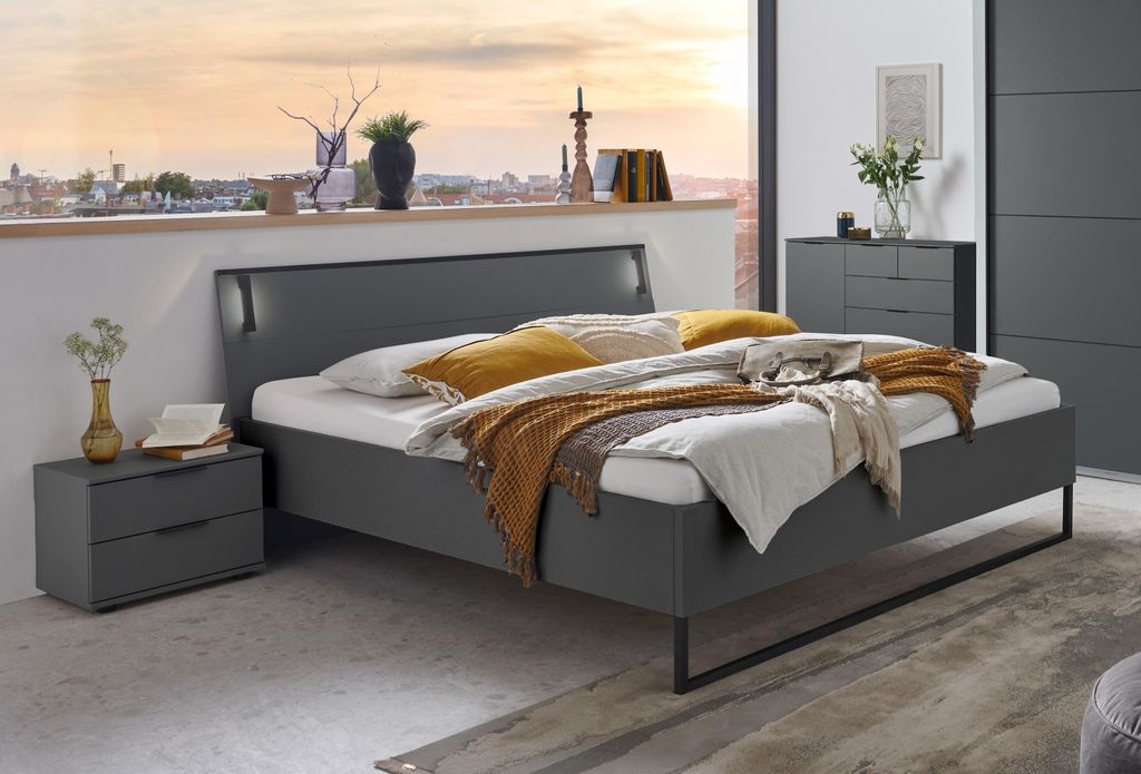 Bettanlage >Tilburg< (4tlg. ) LED, Bett 188x92x210, Nachtkommoden, Sideboard, Farbe Grafit
