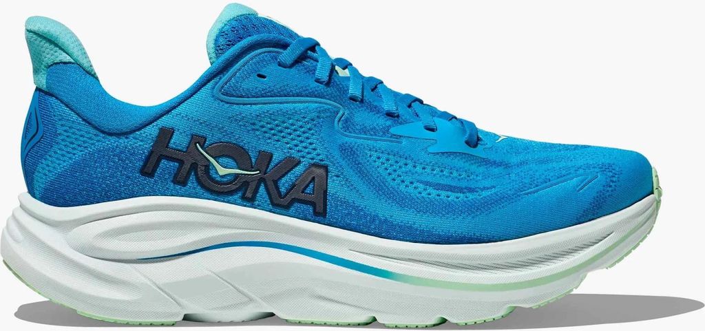 A side view of a blue Hoka running shoe against a white background.