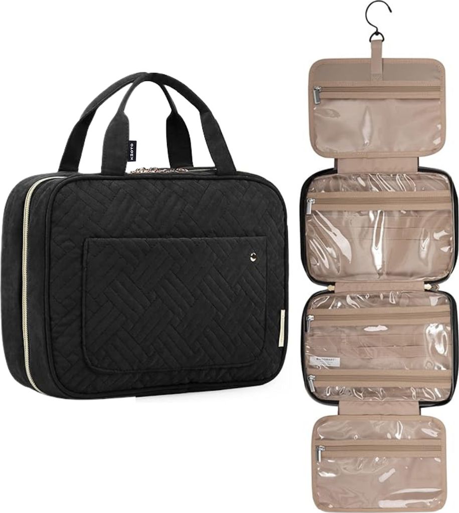 Kioto Kulturbeutel zum Aufhängen Kulturtasche für Reisen Kosmetiktasche mit stabilem Haken Toiletten-Organizer für Damen und Herren, Schwarz