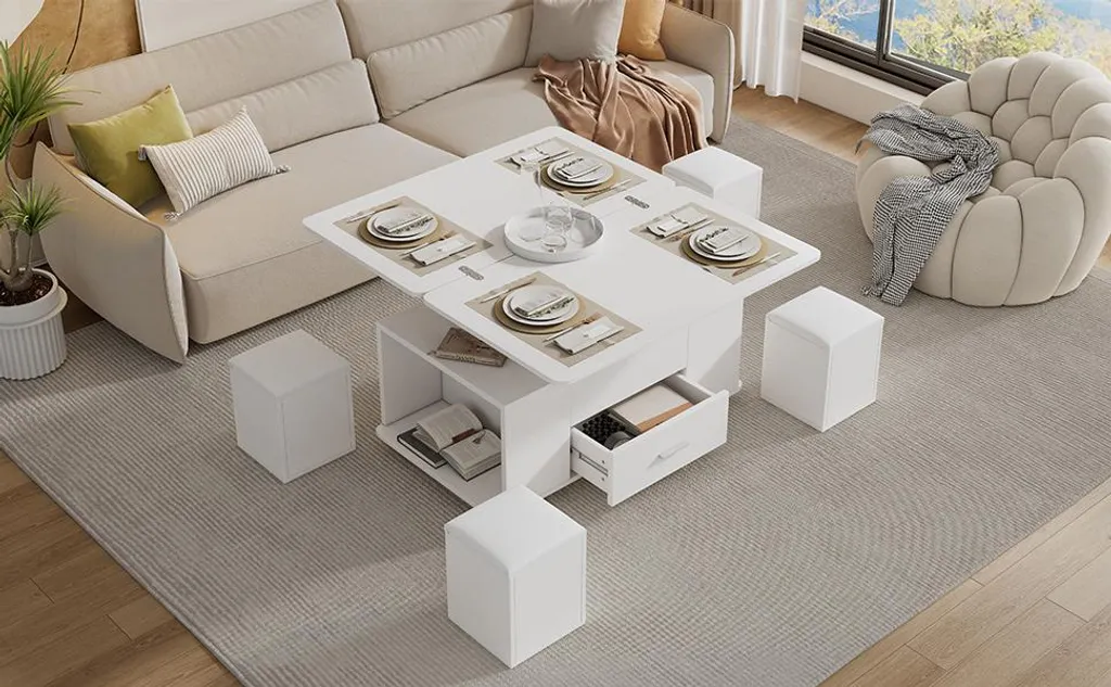 Sweiko Table Basse Réglable en Hauteur et Mobile avec 4 Tabourets Blanc - 19