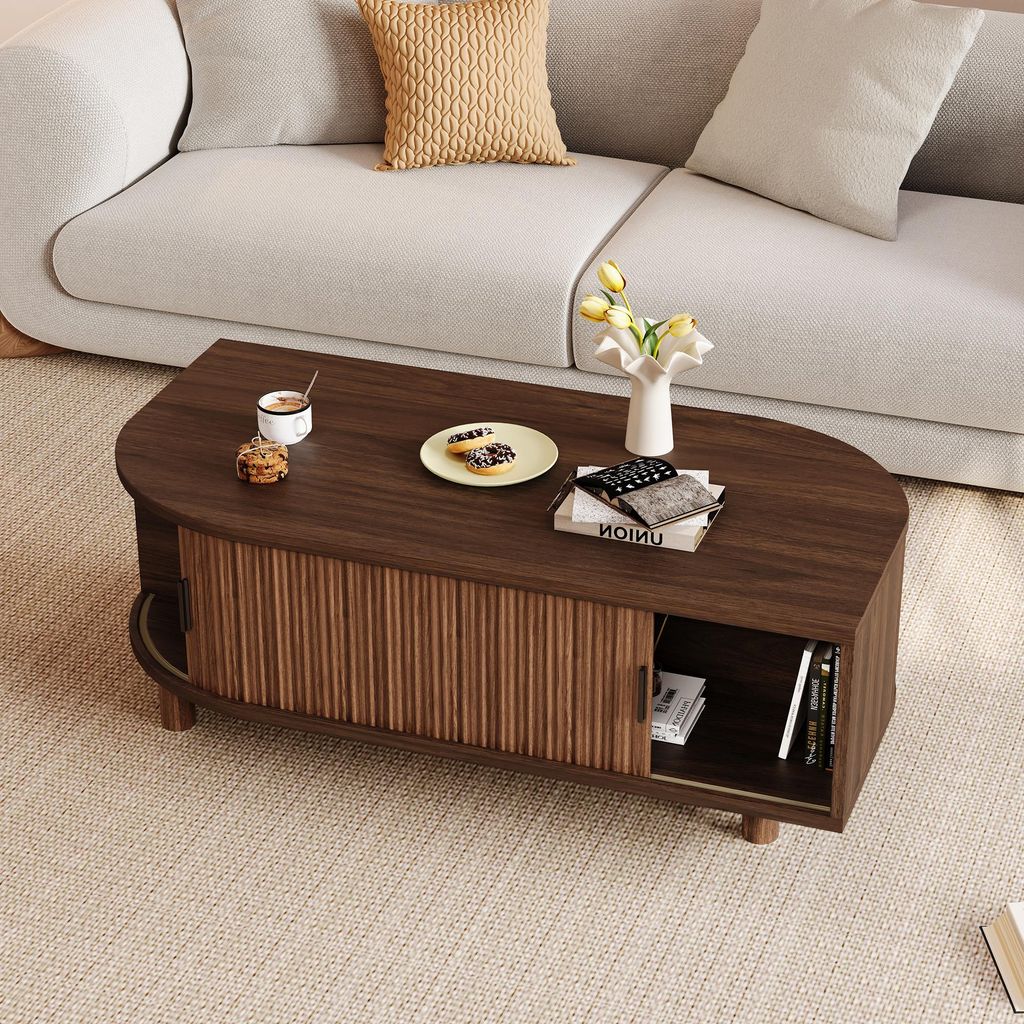 Merax salontafel met 2 schuifdeuren en 4 houten poten, Productafbeelding 
