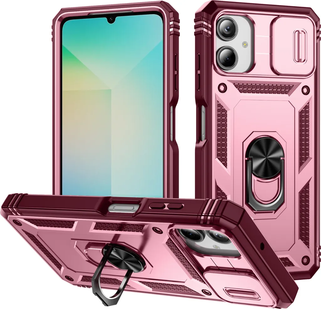 Cover Samsung A06 Armor: Supporto Anello e Porta Carte Rosso Rosa