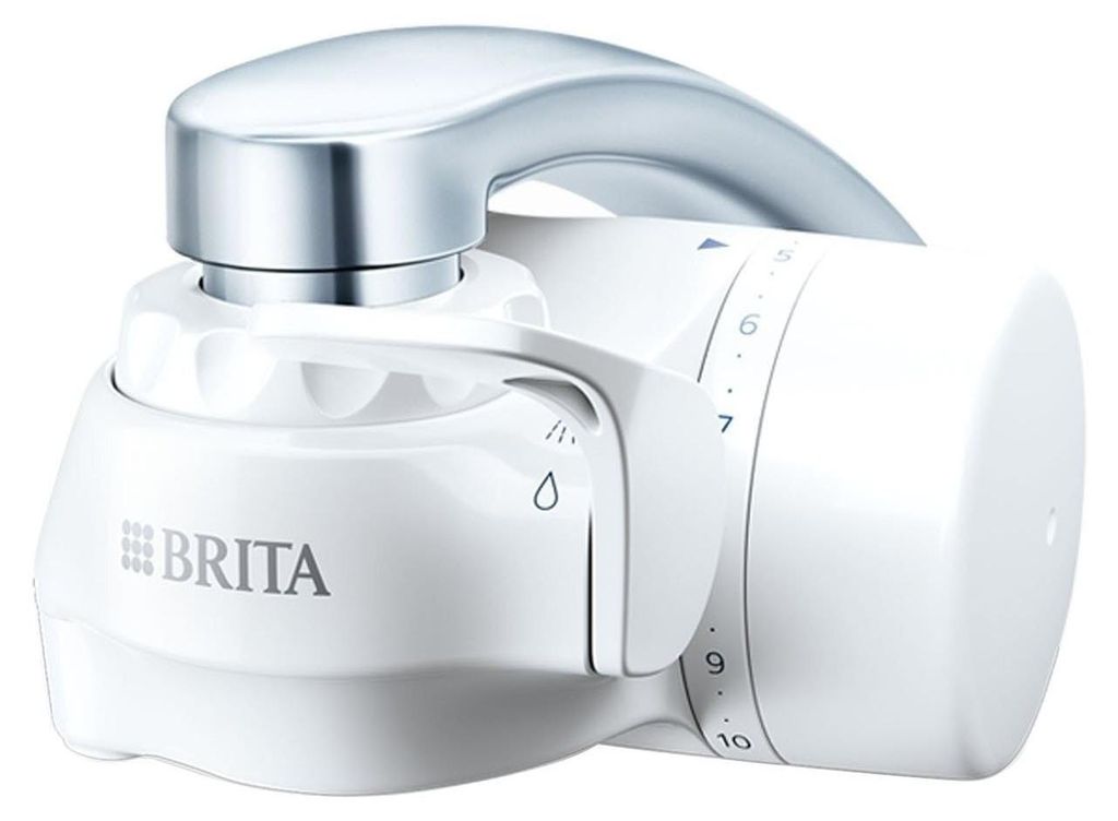 A close-up studio shot of a white Brita water filter attachment for a faucet.